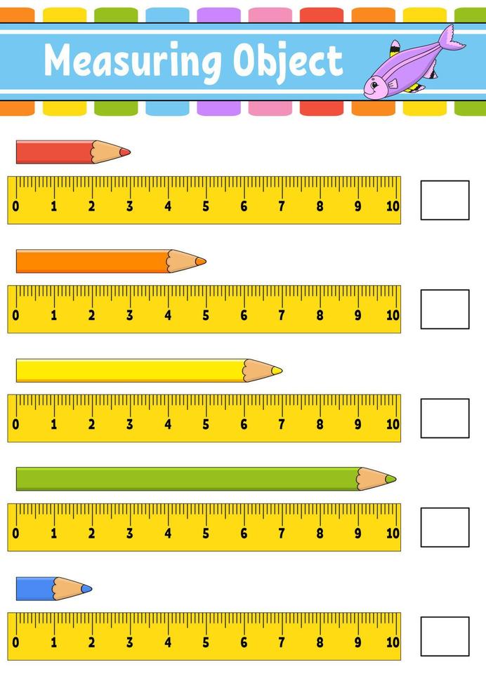 Measuring object with ruler. Education developing worksheet. Game for kids. Color activity page. Puzzle for children. Cute character. Vector illustration. cartoon style.