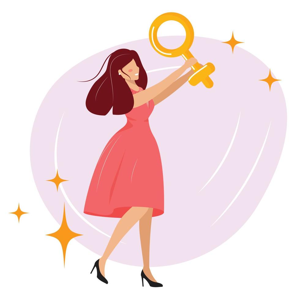 mujer sosteniendo un símbolo de género. mujer en vestido rosa. ilustración del concepto de empoderamiento. día Internacional de la Mujer. vector