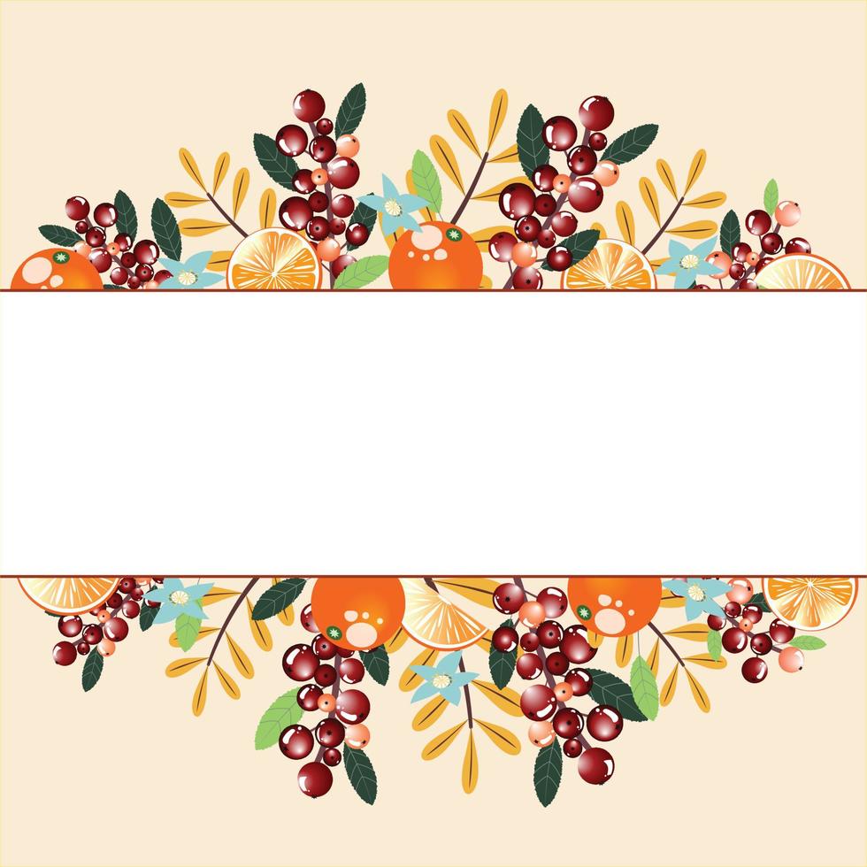 Border with flowers, berries, leaves and oranges. Great for advertisements, prints, posters, banners. Vector template.