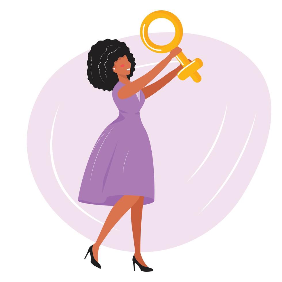 mujer africana sosteniendo el signo de género femenino. feliz día de la mujer. potenciar la ilustración del concepto. vector