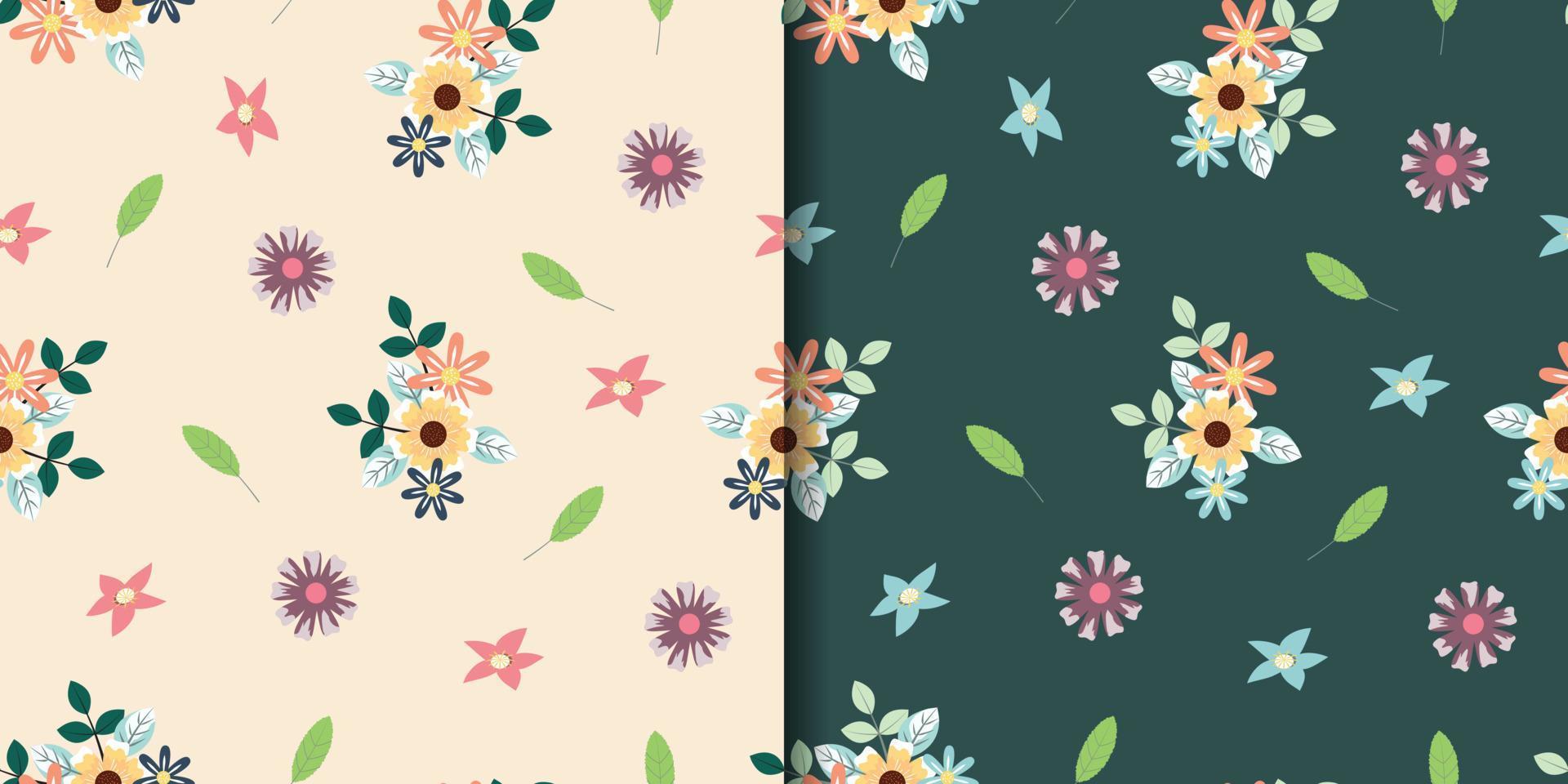 Set of floral seamless pattern with leaves and brunches. For textile, paper, wrapping paper, packaging, wallpaper. Vector seamless patterns.