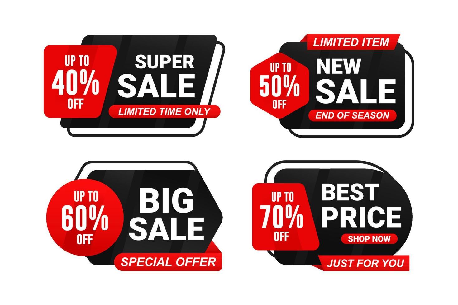 venta banner insignia etiqueta promoción negro rojo color diseño colección vector