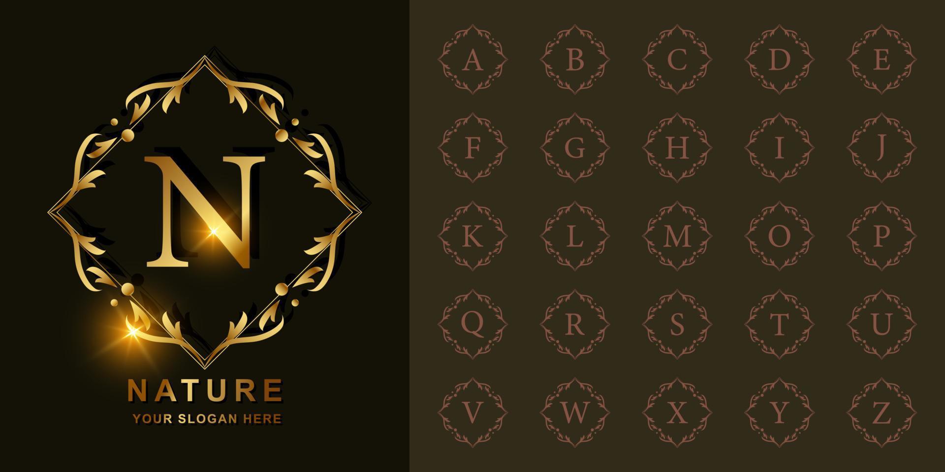 Letter N or collection initial alphabet with luxury ornament floral frame golden logo template. vector