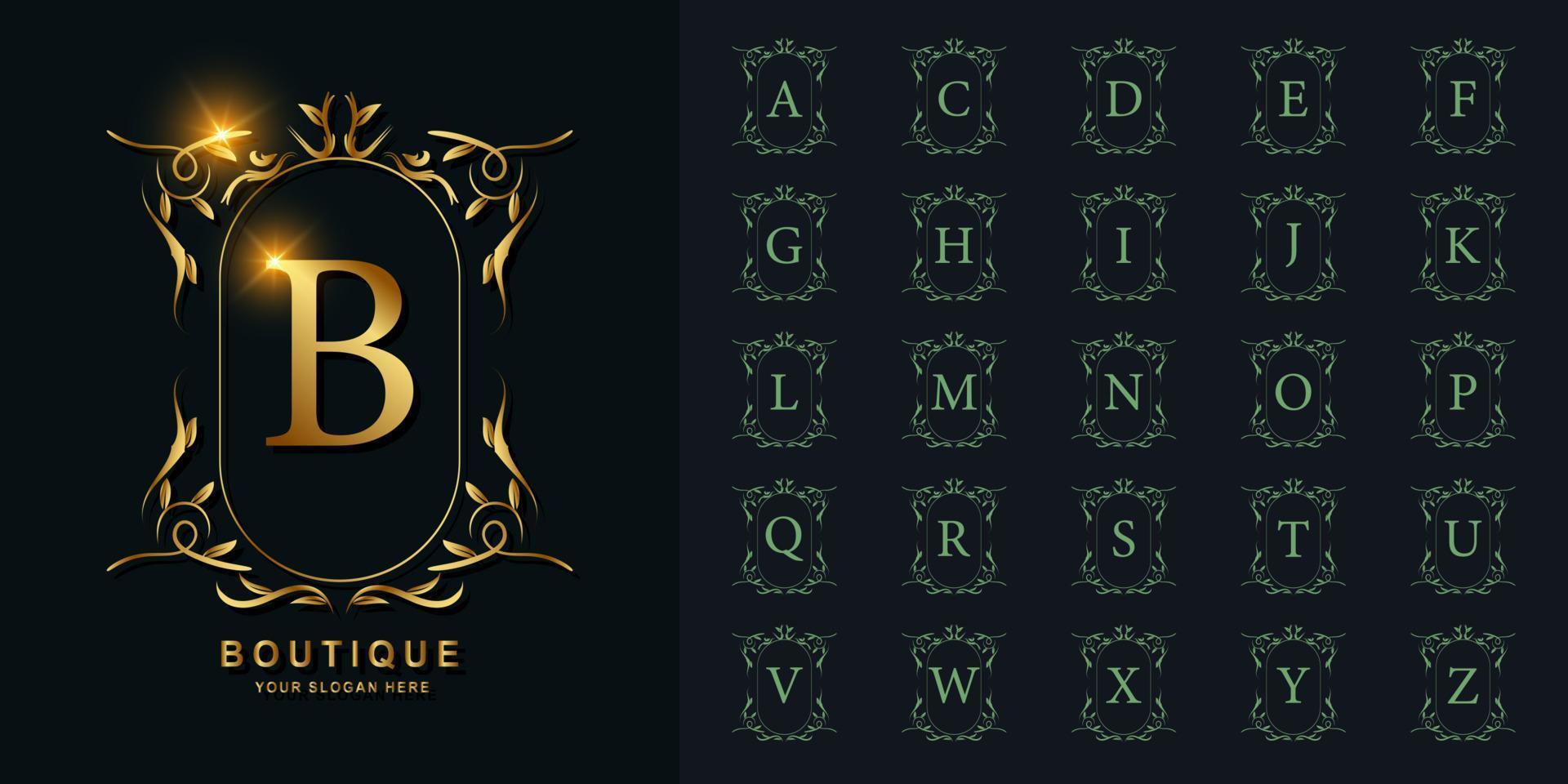 Letter B or collection initial alphabet with luxury ornament floral frame golden logo template. vector