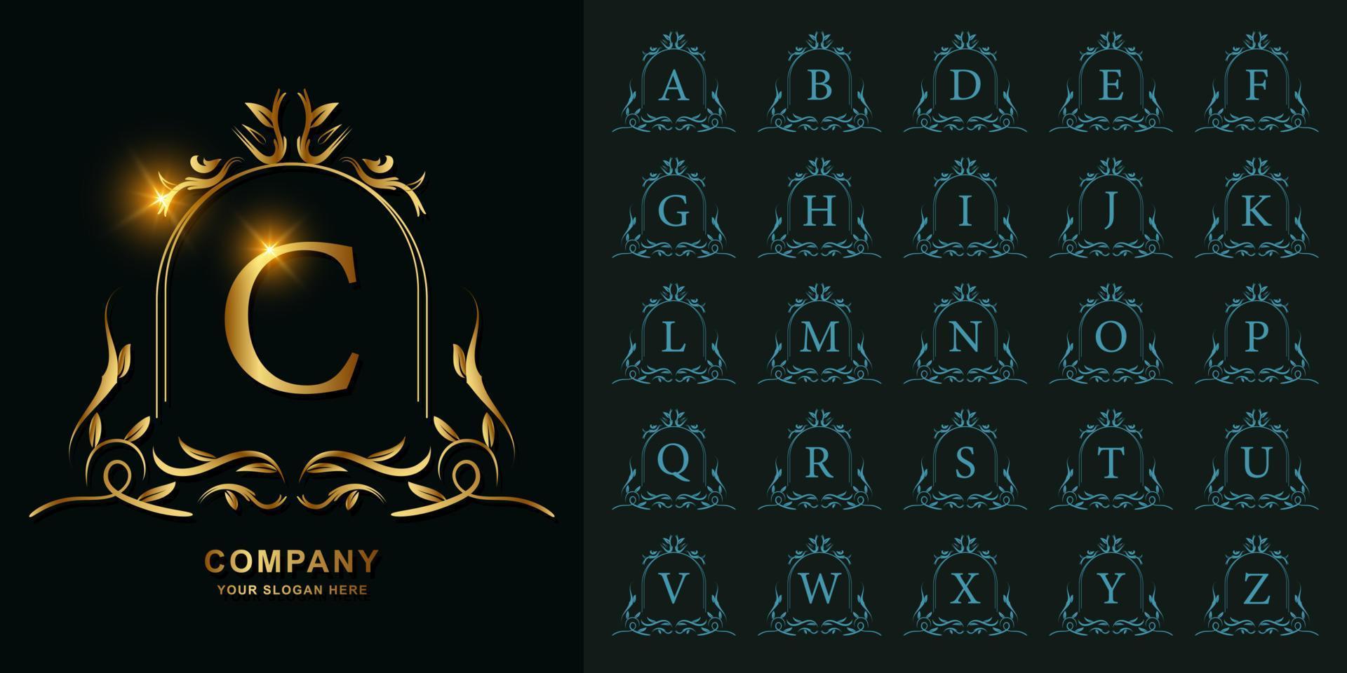 letra c o alfabeto inicial de colección con plantilla de logotipo dorado de marco floral de adorno de lujo. vector