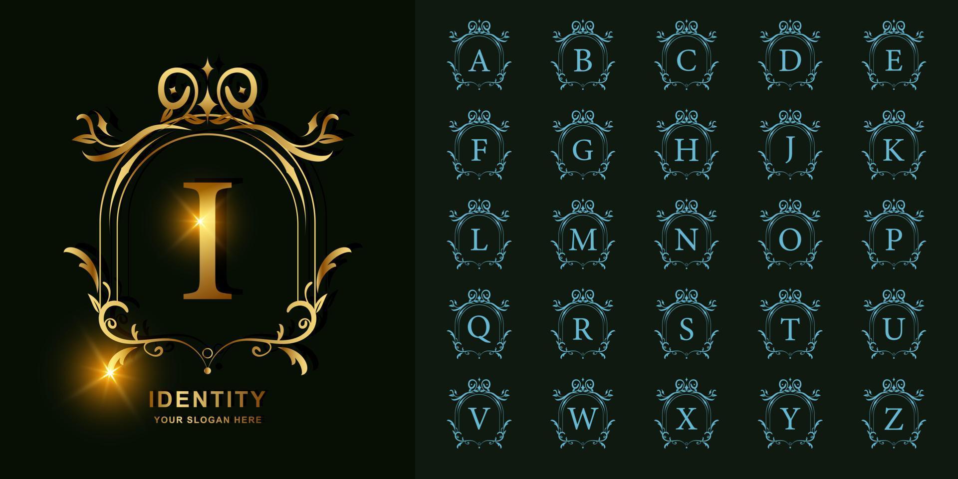 letra i o alfabeto inicial de colección con plantilla de logotipo dorado de marco floral de adorno de lujo. vector