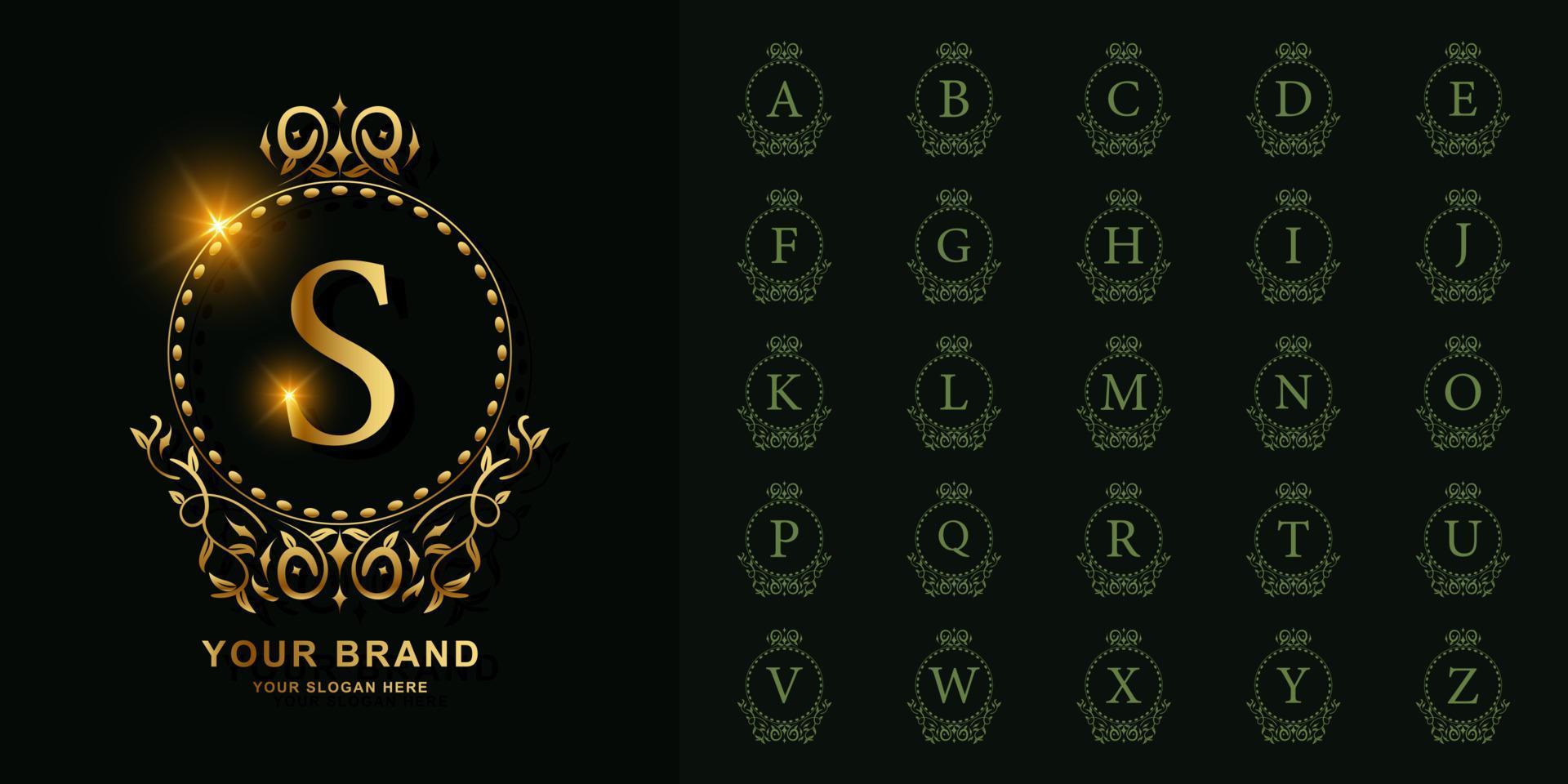 Collection initial alphabet with luxury ornament or floral circle frame golden logo template. vector