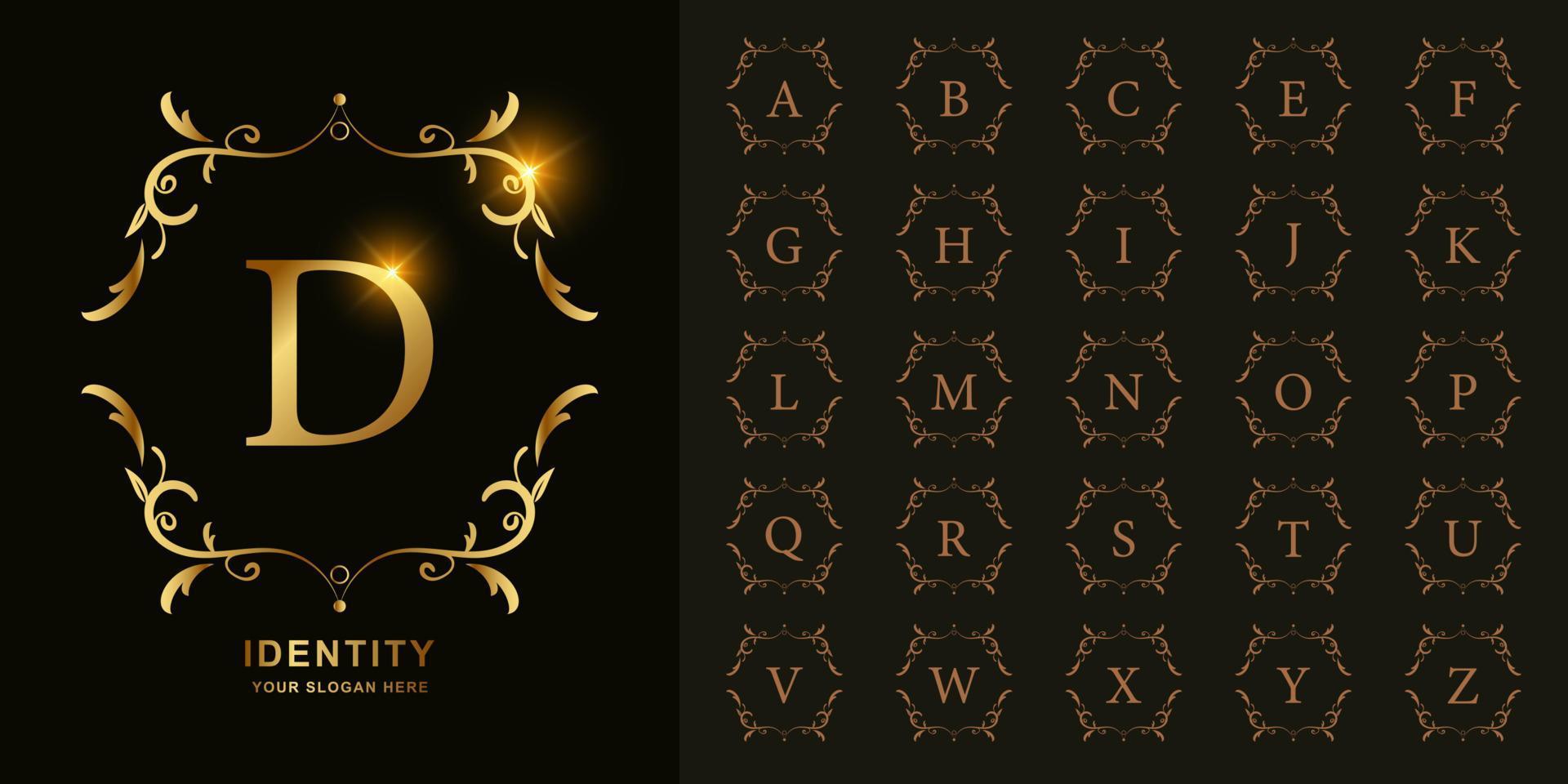 letra d o alfabeto inicial de colección con plantilla de logotipo dorado de marco floral de adorno de lujo. vector