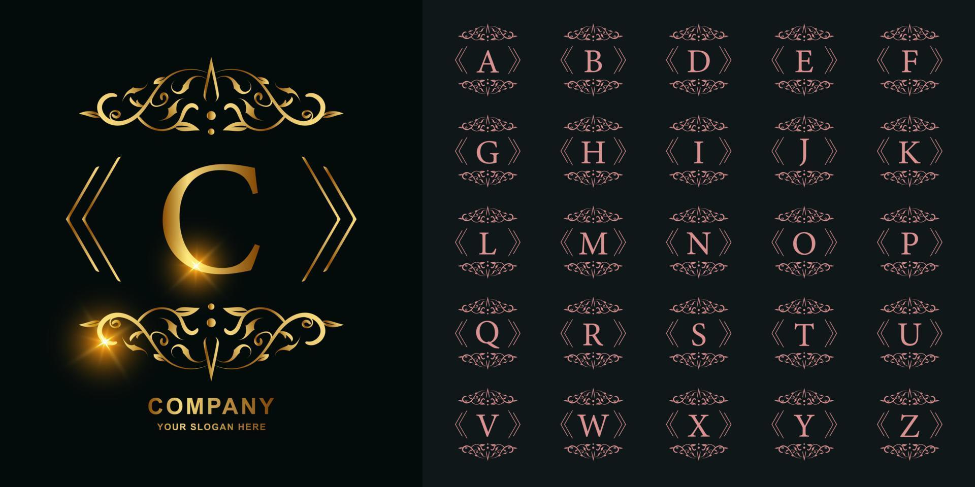 Letter C or collection initial alphabet with luxury ornament floral frame golden logo template. vector