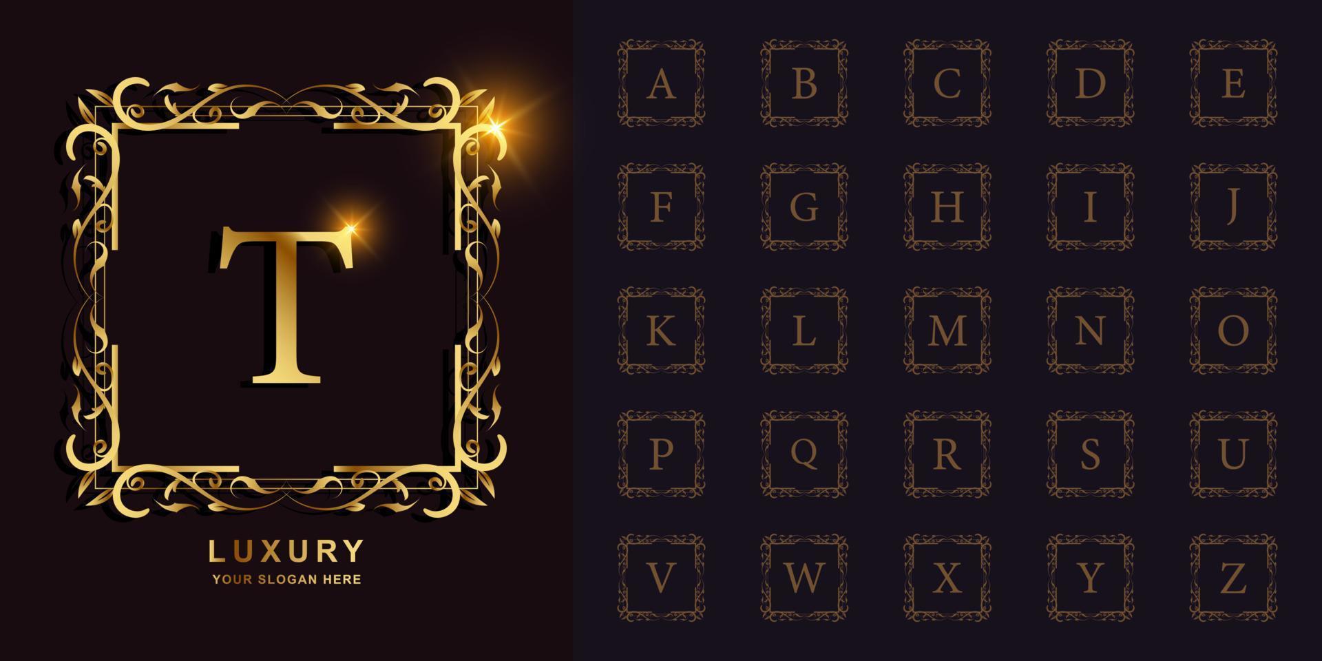 Letter T or collection initial alphabet with luxury ornament floral frame golden logo template. vector