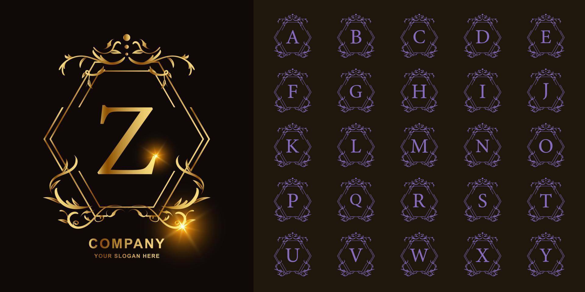 Letter Z or collection initial alphabet with luxury ornament floral frame golden logo template. vector