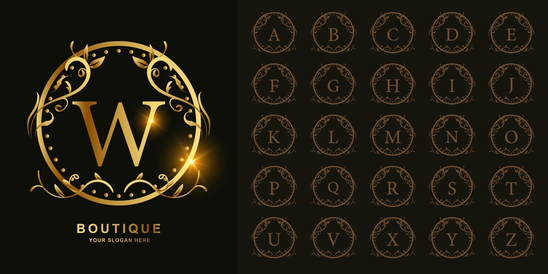 Letter W or collection initial alphabet with luxury ornament floral frame golden logo template. vector