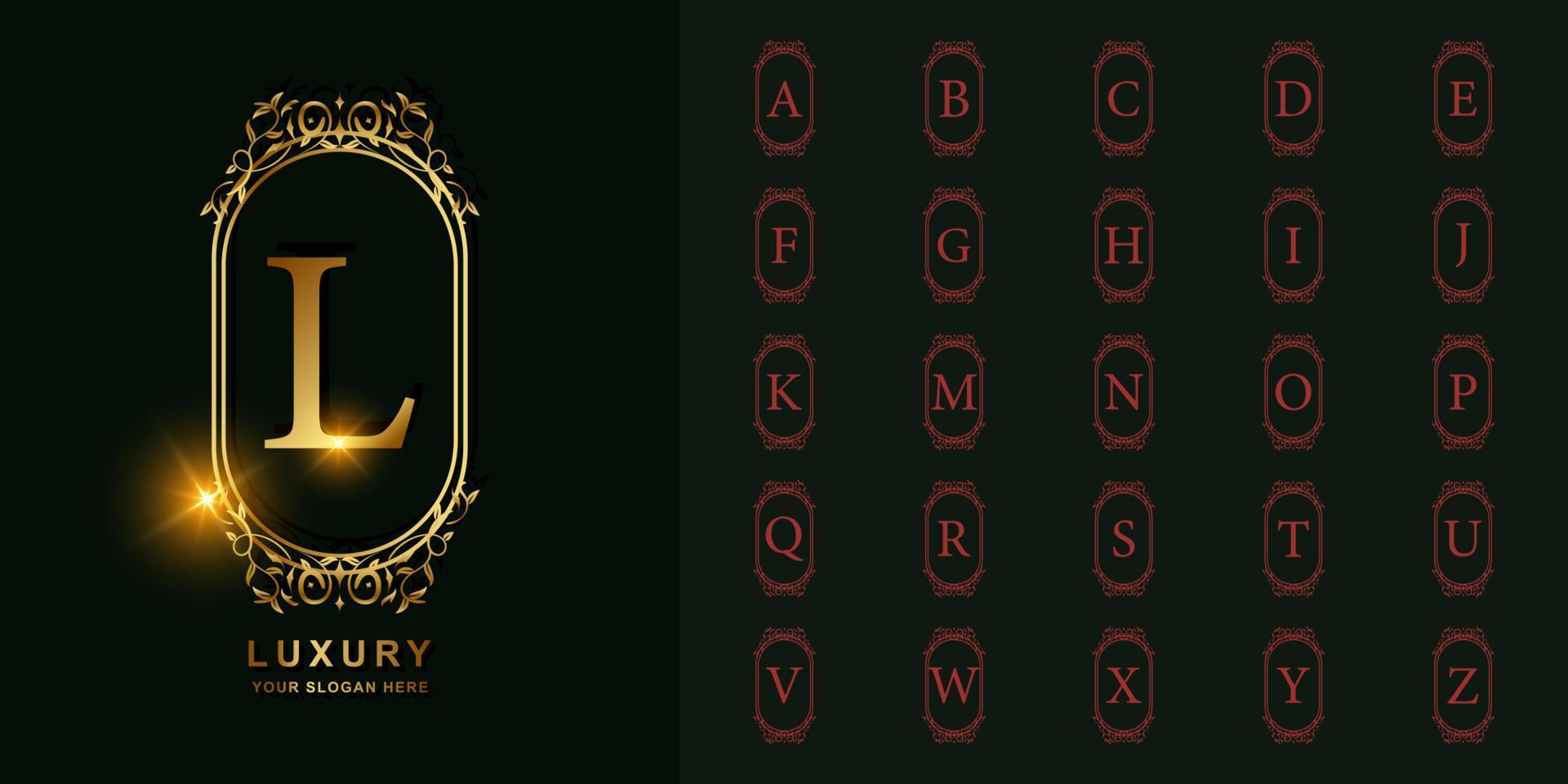 Letter L or collection initial alphabet with luxury ornament floral frame golden logo template. vector