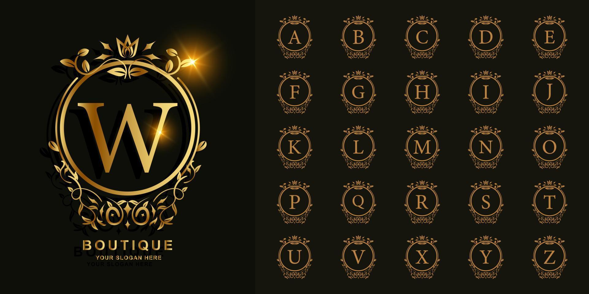 alfabeto inicial de colección con adorno de lujo o marco de círculo floral plantilla de logotipo dorado. vector