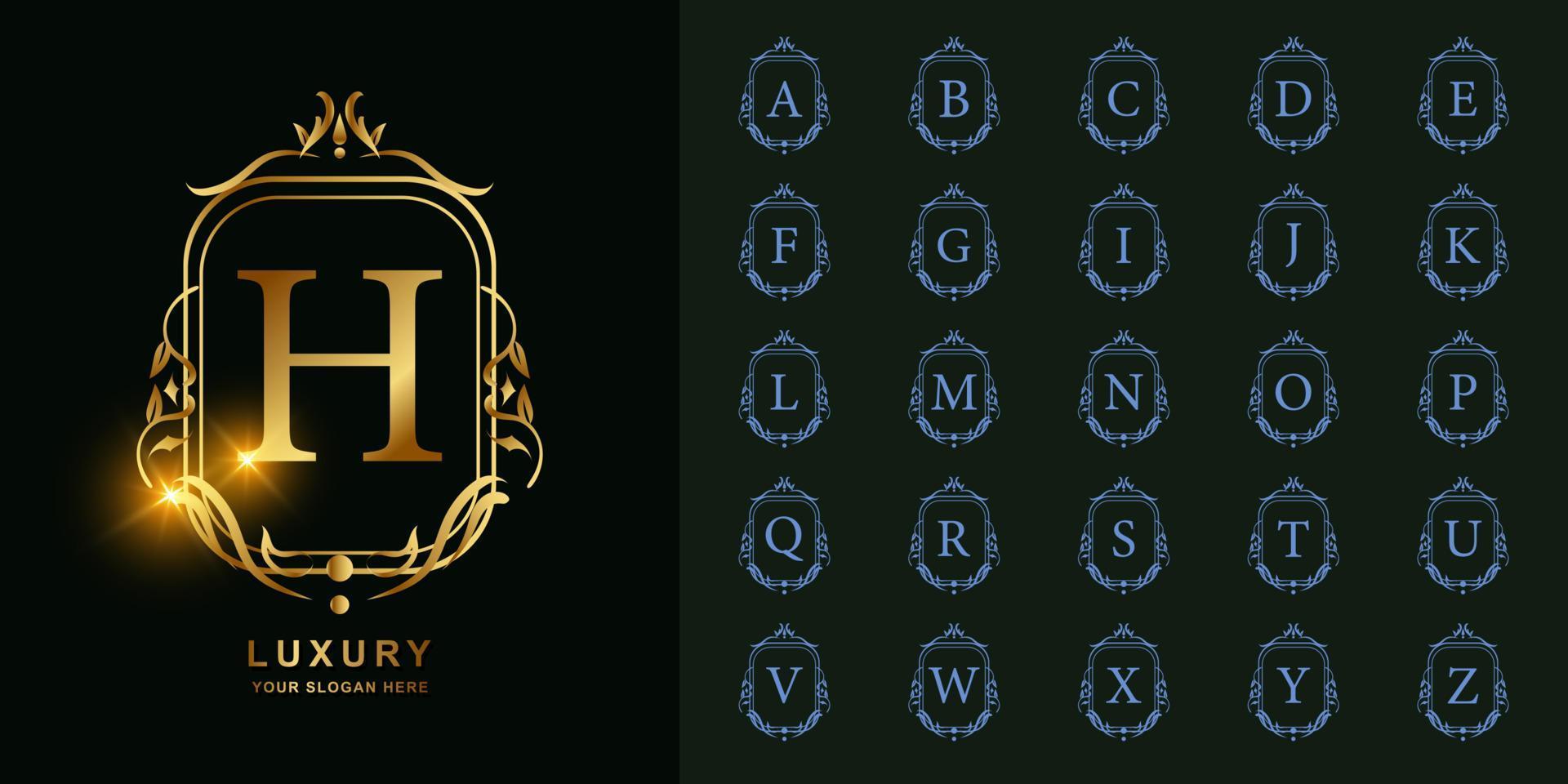 letra h o alfabeto inicial de colección con plantilla de logotipo dorado de marco floral de adorno de lujo. vector