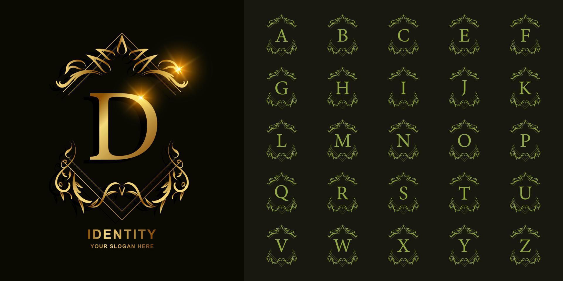 letra d o alfabeto inicial de colección con plantilla de logotipo dorado de marco floral de adorno de lujo. vector