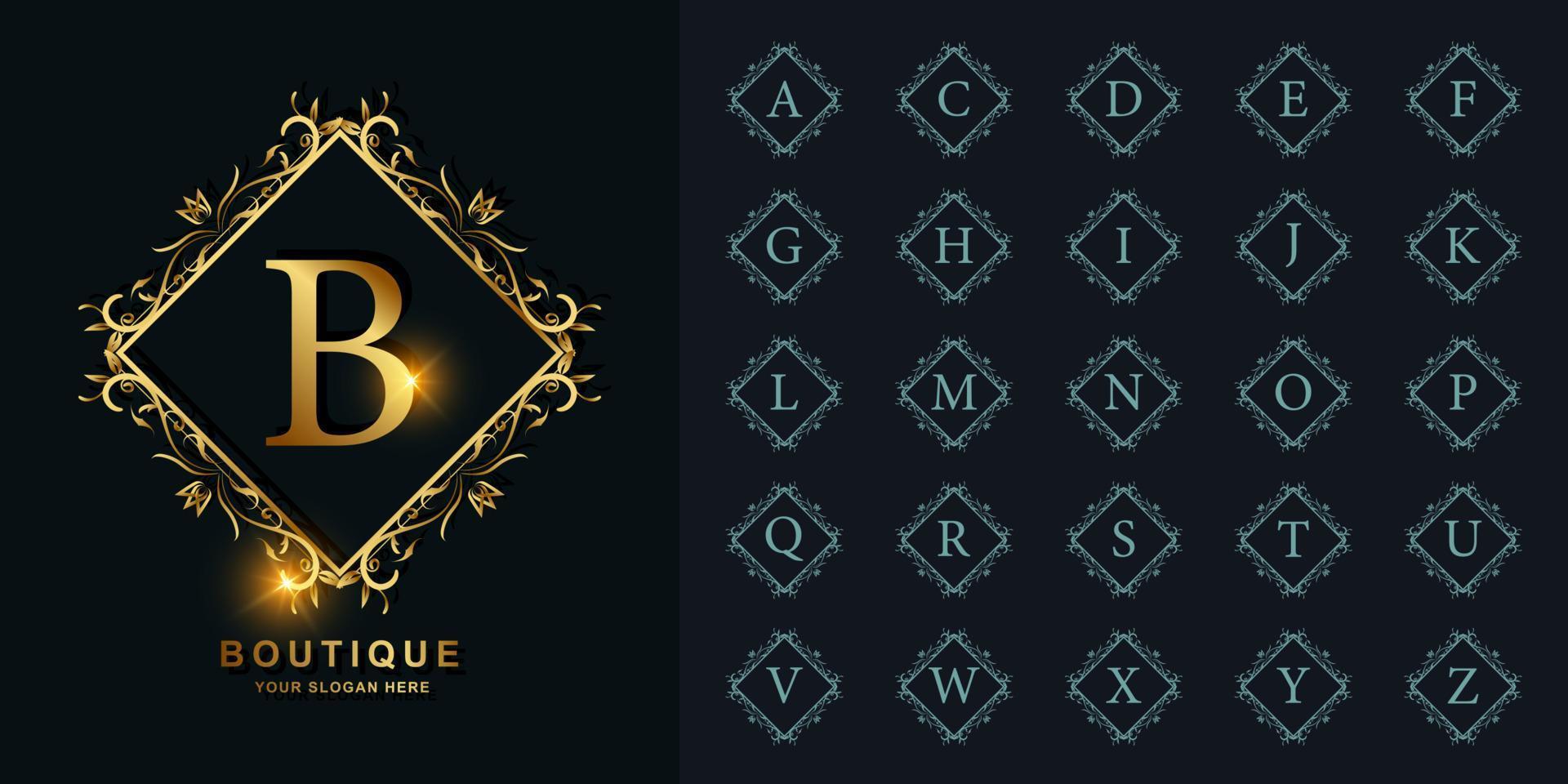 Letter B or collection initial alphabet with luxury ornament floral frame golden logo template. vector