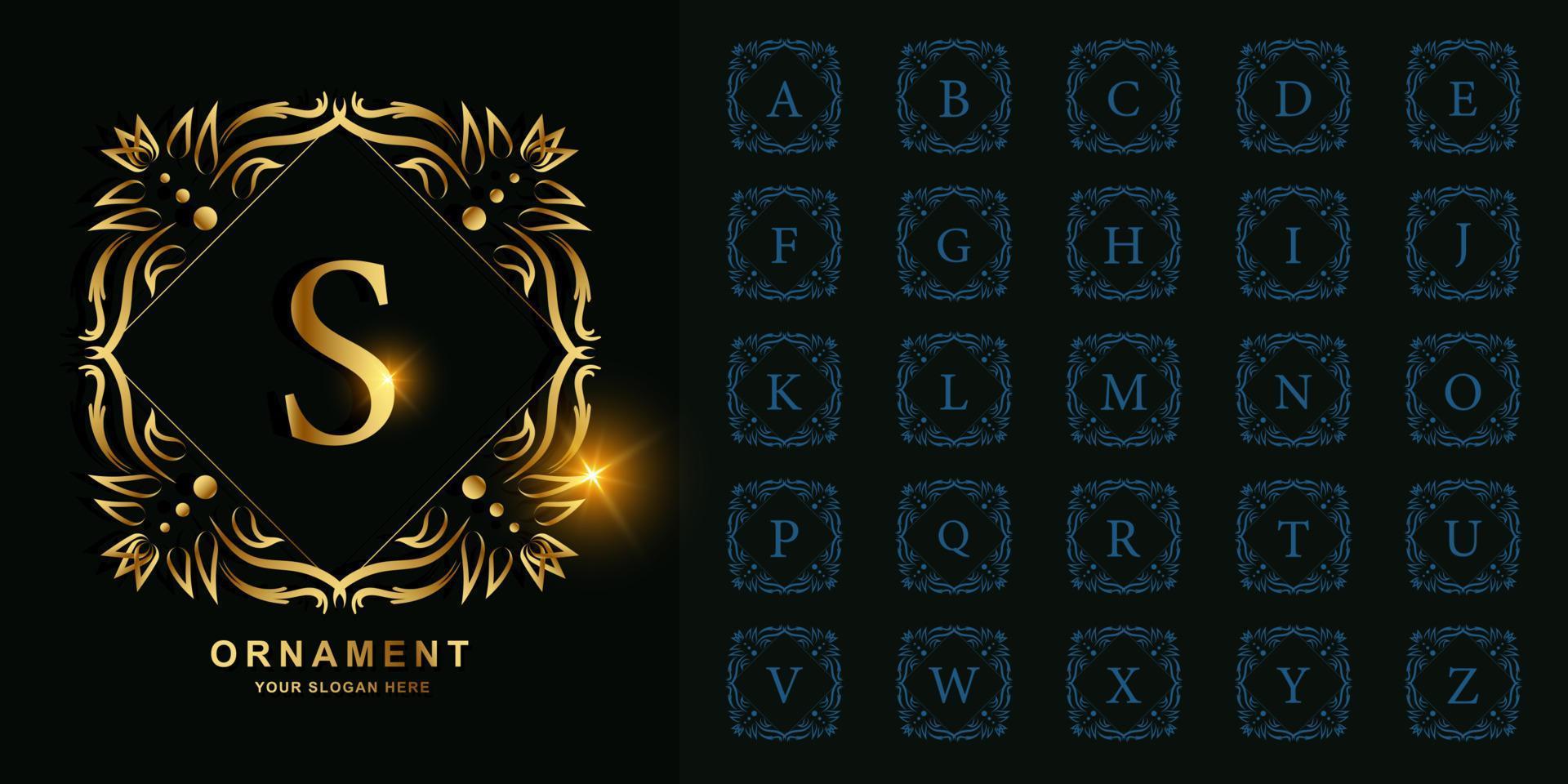 letra s o alfabeto inicial de colección con plantilla de logotipo dorado de marco floral de adorno de lujo. vector