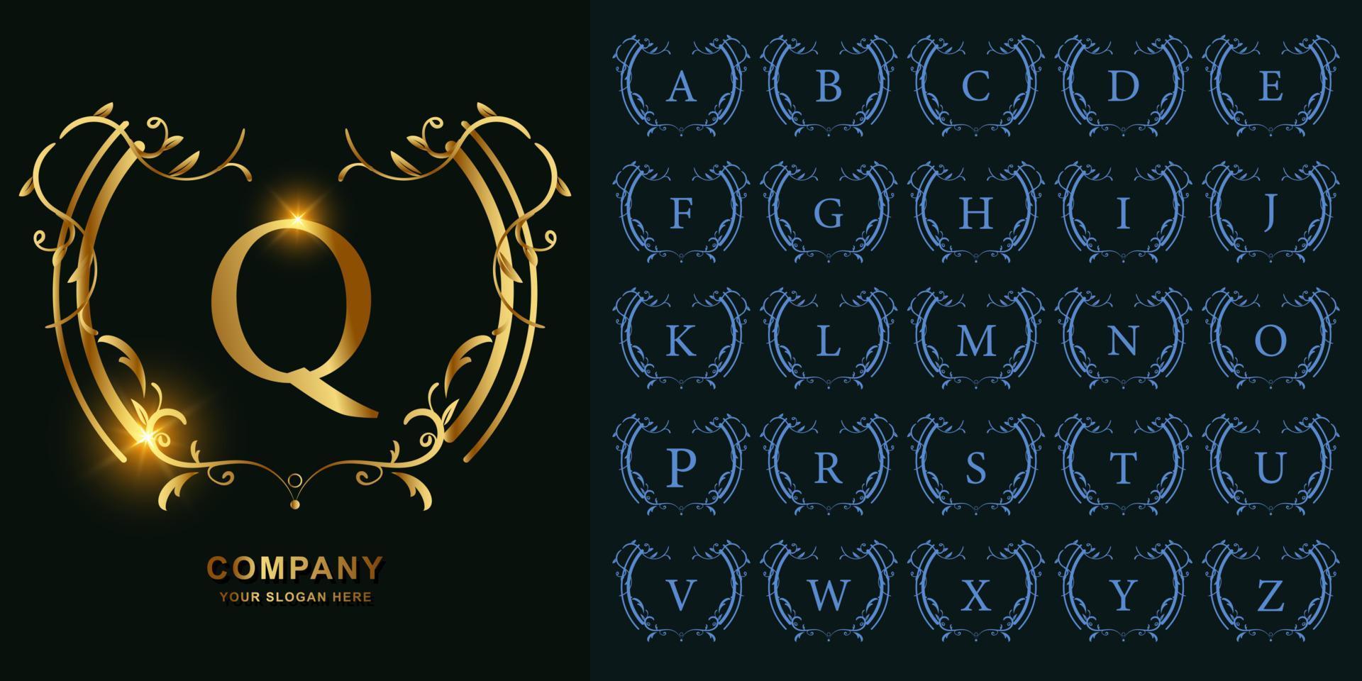 Letter Q or collection initial alphabet with luxury ornament floral frame golden logo template. vector