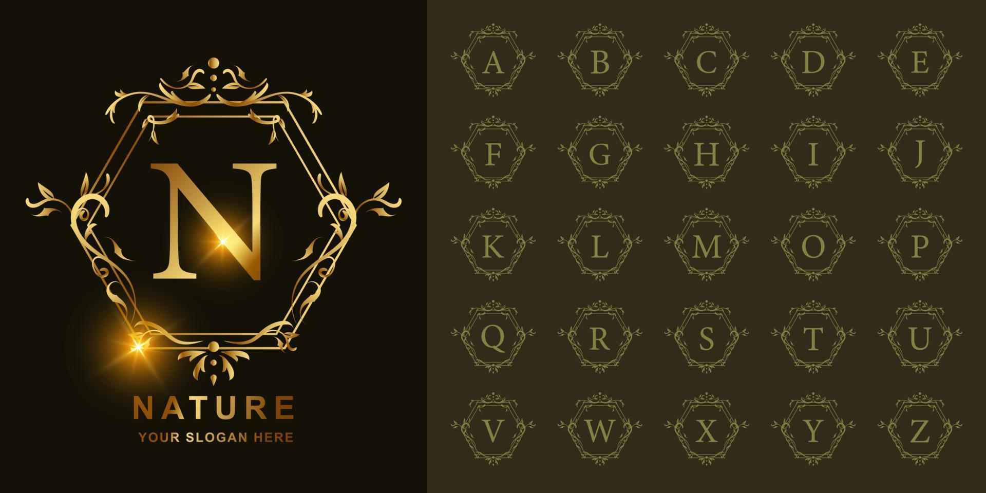 Letter N or collection initial alphabet with luxury ornament floral frame golden logo template. vector