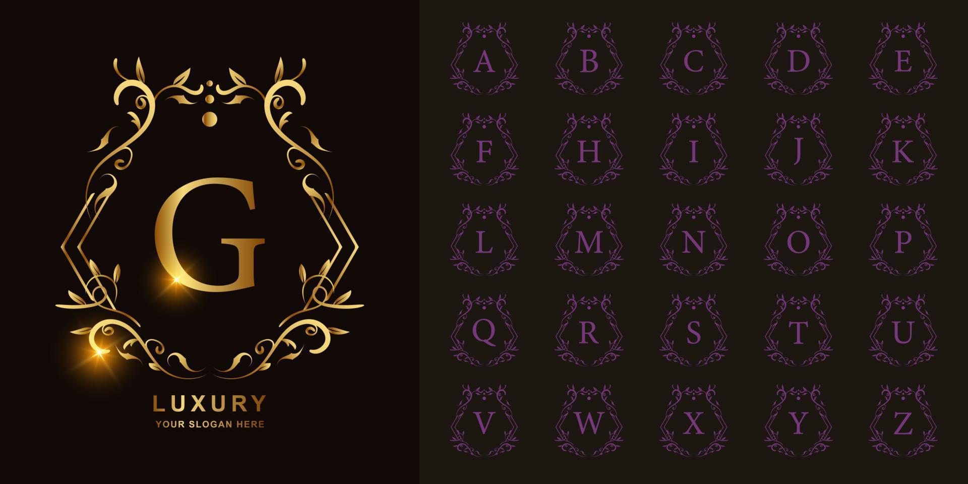 Letter G or collection initial alphabet with luxury ornament floral frame golden logo template. vector