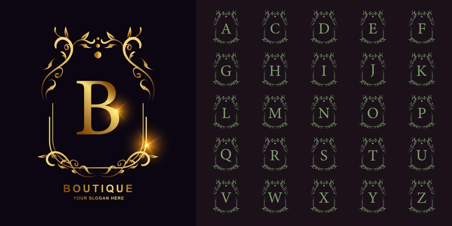 Letter B or collection initial alphabet with luxury ornament floral frame golden logo template. vector