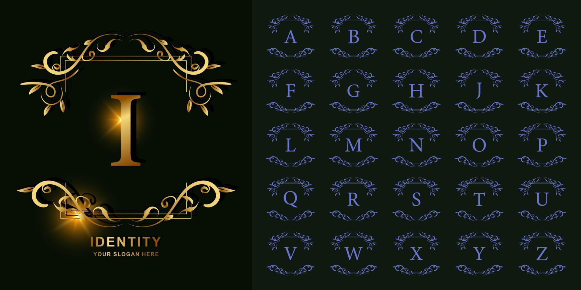 Letter I or collection initial alphabet with luxury ornament floral frame golden logo template. vector