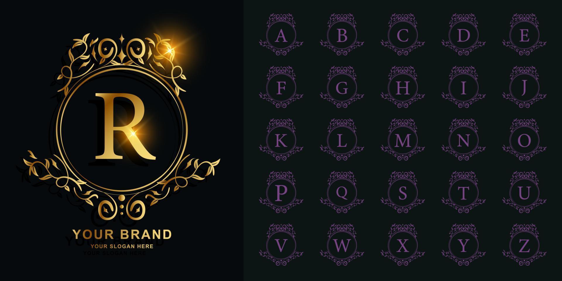 alfabeto inicial de colección con adorno de lujo o plantilla de logotipo dorado de marco floral. vector