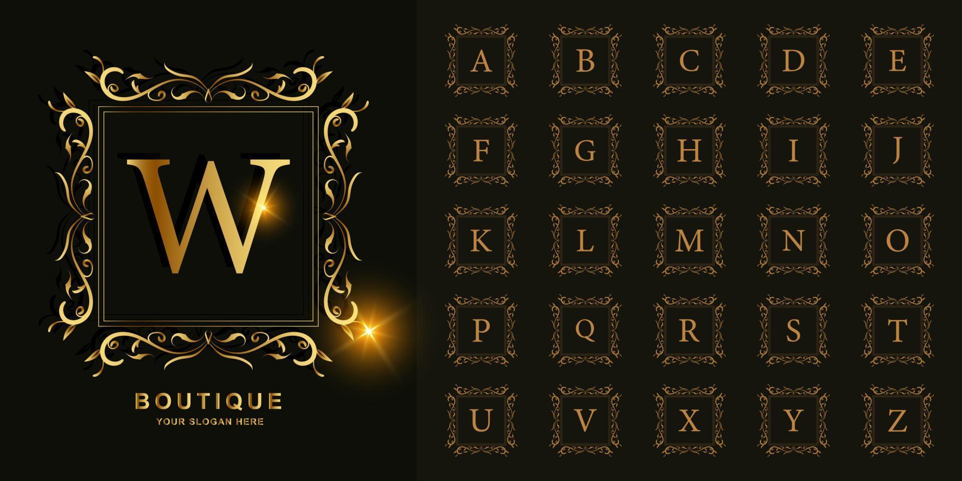 Letter W or collection initial alphabet with luxury ornament floral frame golden logo template. vector