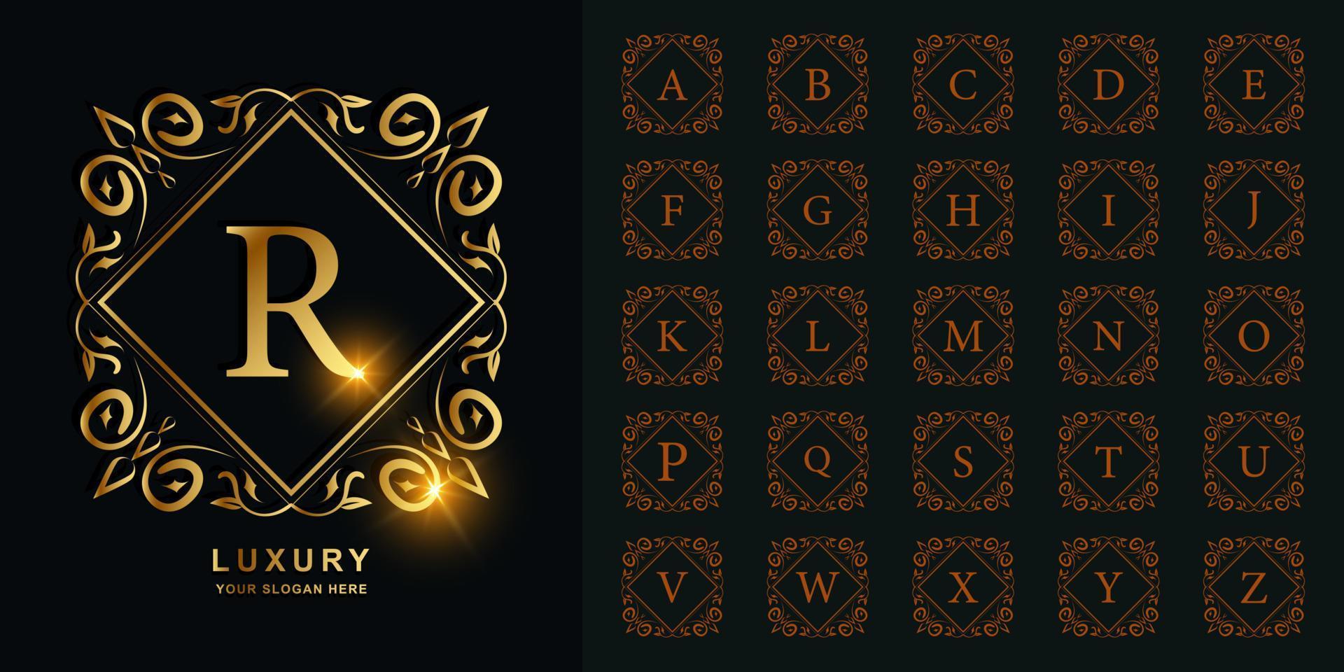 letra r o alfabeto inicial de colección con plantilla de logotipo dorado de marco floral de adorno de lujo. vector