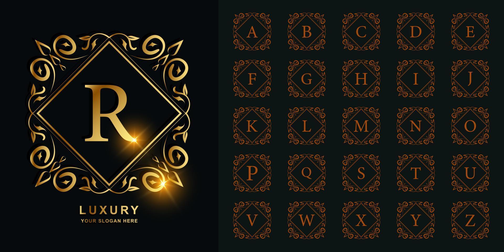 Letter R or collection initial alphabet with luxury ornament floral frame golden logo template. vector