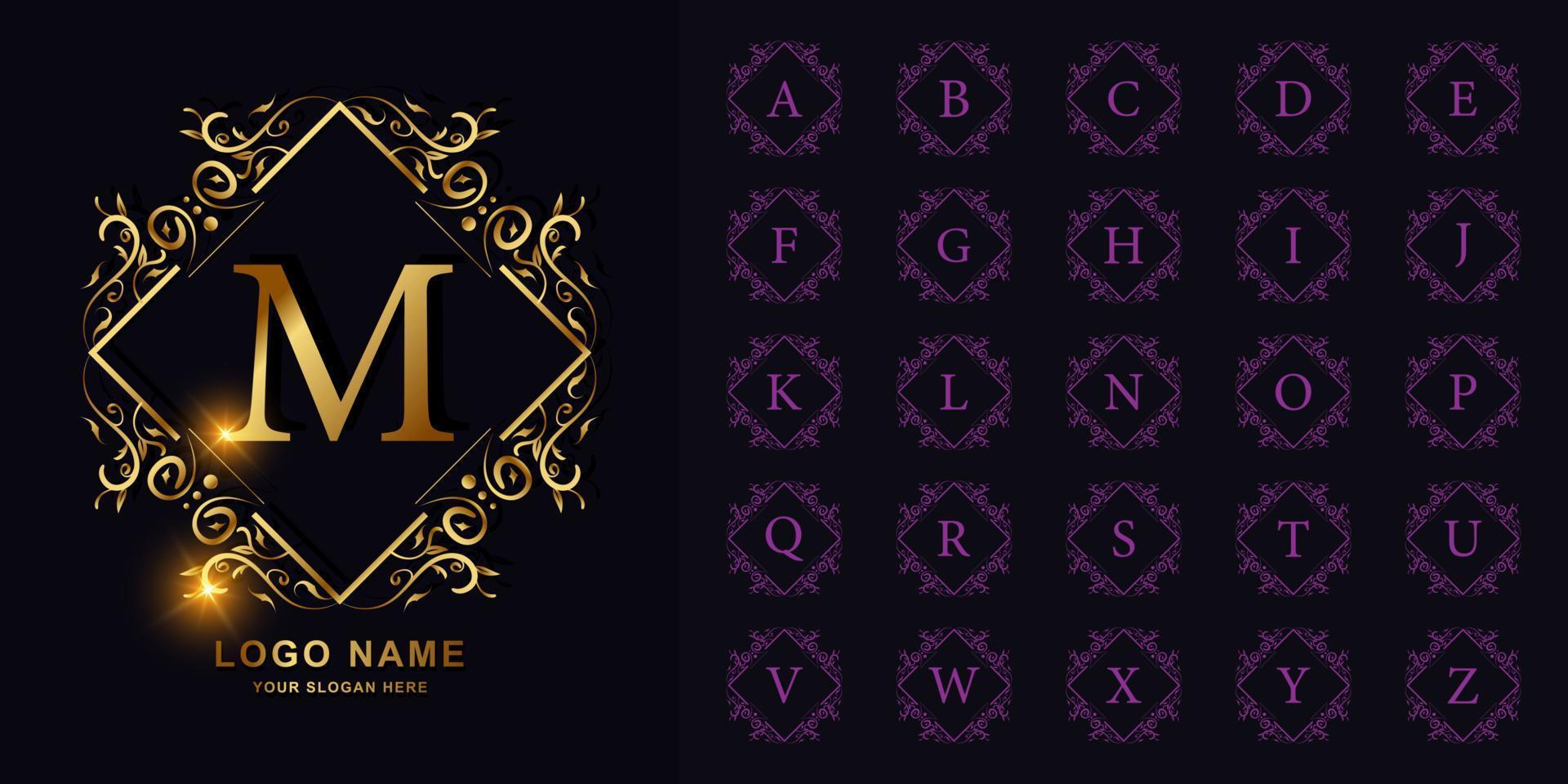 letra m o alfabeto inicial de colección con plantilla de logotipo dorado de marco floral de adorno de lujo. vector