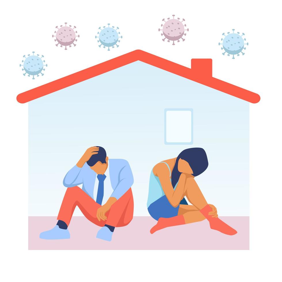 Depressed man and woman in house with corona virus around. People tired of quarantine. Vector about distress, depression, and tiredness in home isolation in covid-19 epidemic