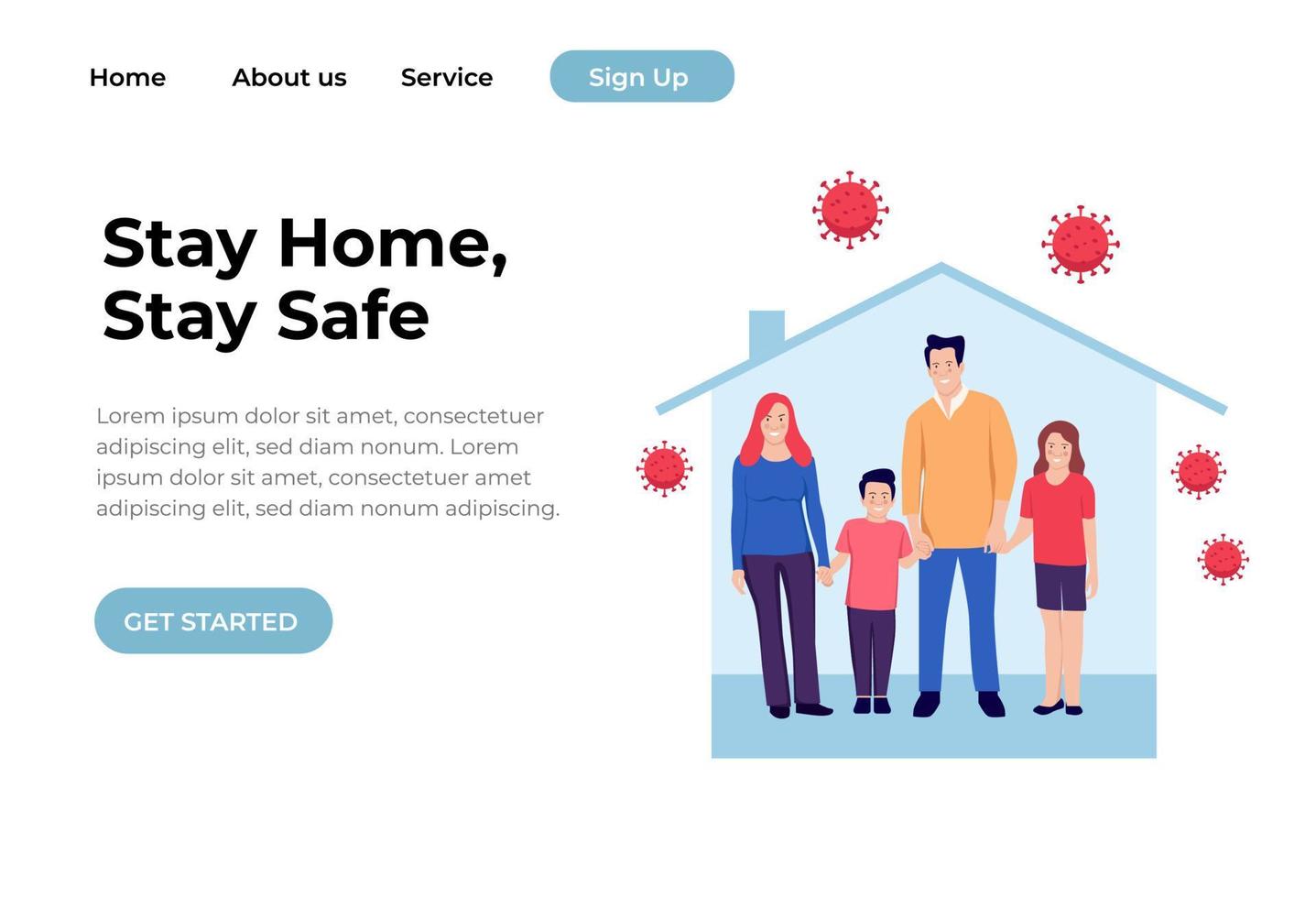 Stay home concept. Family wearing face masks at home in quarantine, landing page or banner template. Coronavirus outbreak concept. Vector illustration in flat style