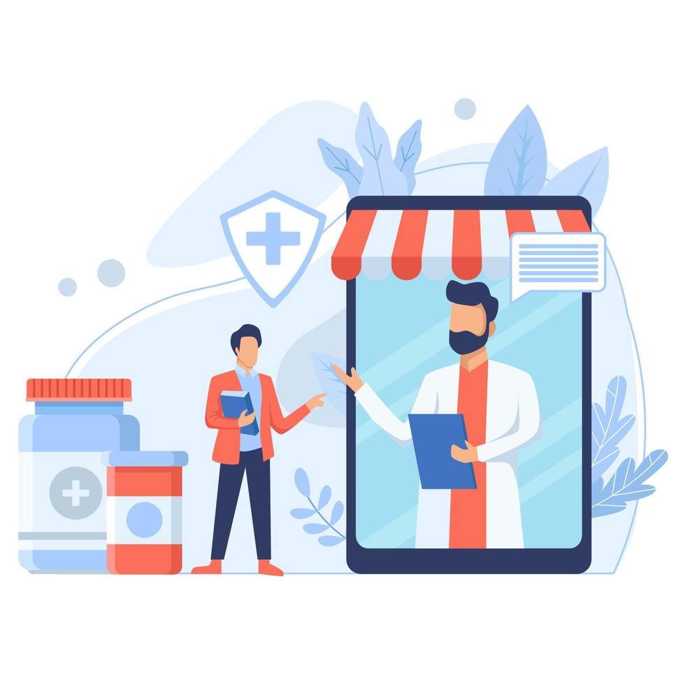 Vector illustration Online medical concept. Medical Consultation by Internet with Doctor. Online Doctor, Telemedicine, Medical Service Online for Patients. Health Care Online. Vector illustration