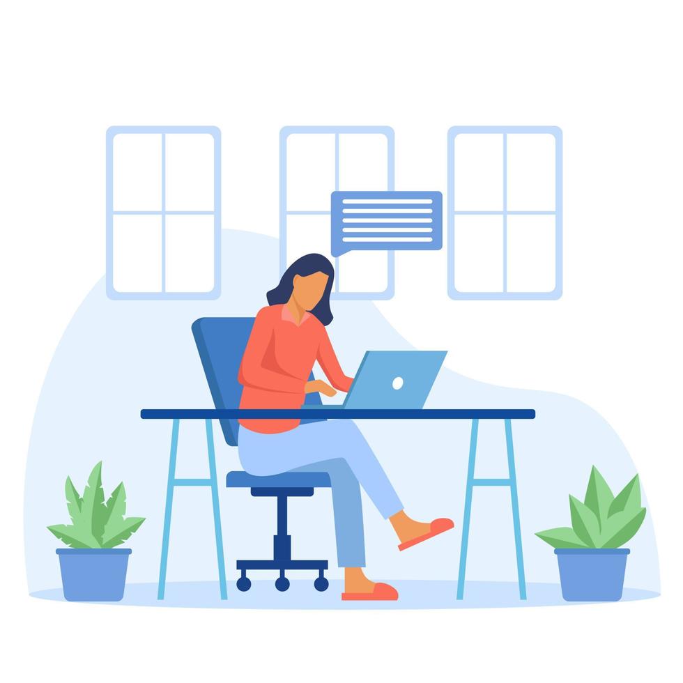 work from home illustration. woman working on laptop at home. flat design style vector