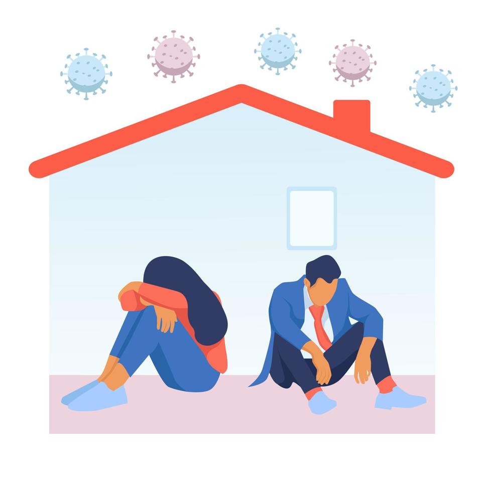 Depressed man and woman in house with corona virus around. People tired of quarantine. Vector about distress, depression, and tiredness in home isolation in covid-19 epidemic