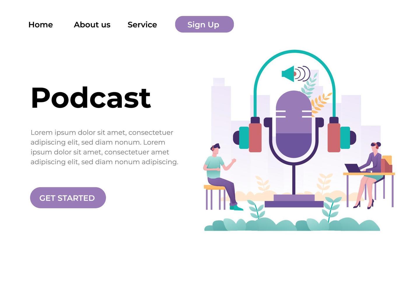 Podcasting, online radio or interview concept. Woman with laptop using podcast app. Podcaster recording podcast in studio with microphone and headphones. Vector web page banner illustration.