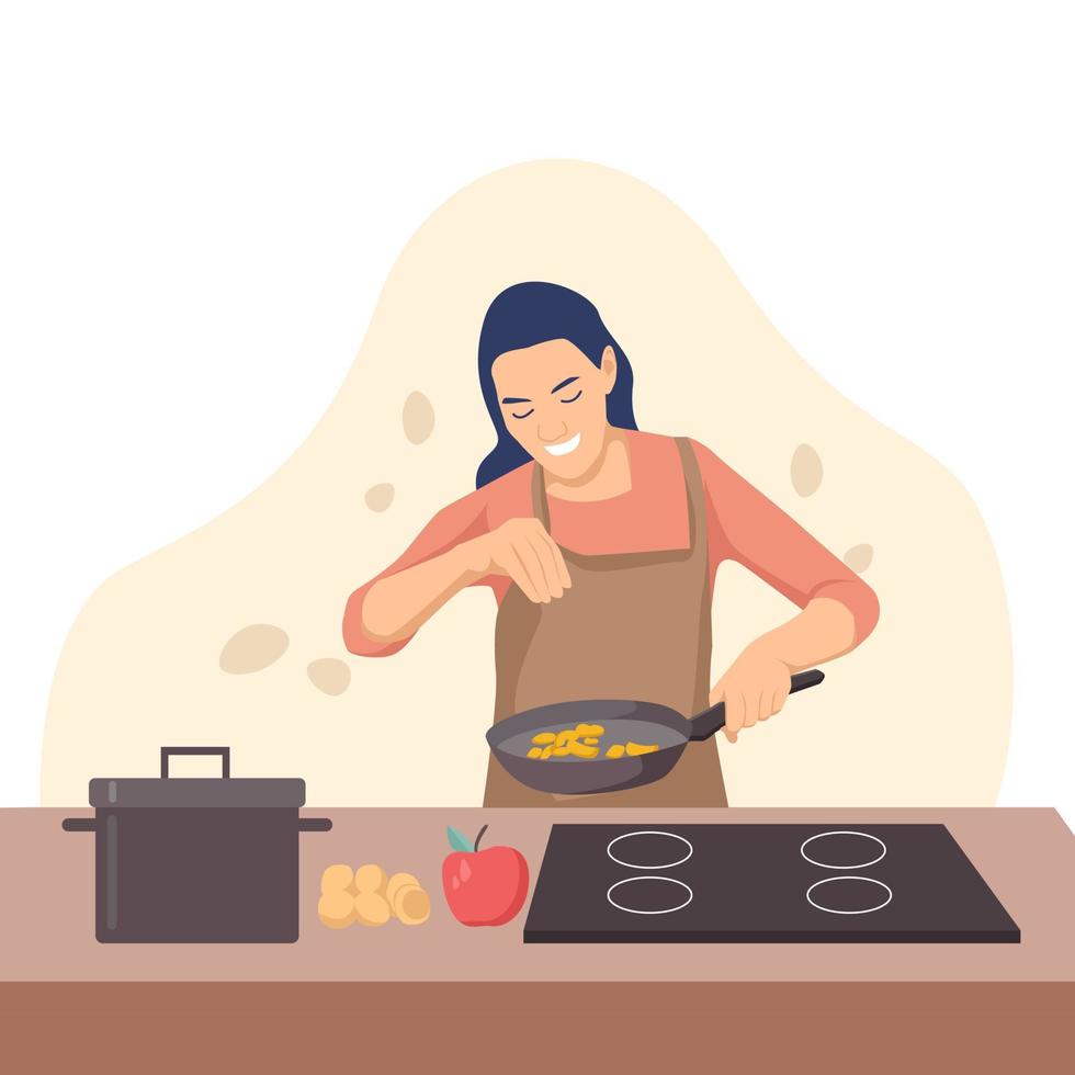 Vector hand drawn illustration. A girl in an apron is cooking.