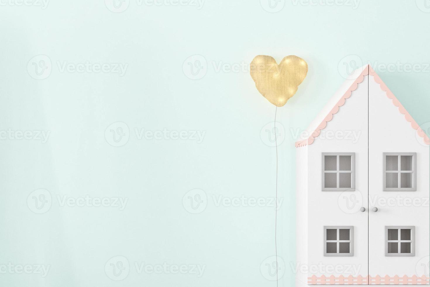 Mockup frame photo in the children's room, bedroom interior on wall white color background.3D Rendering