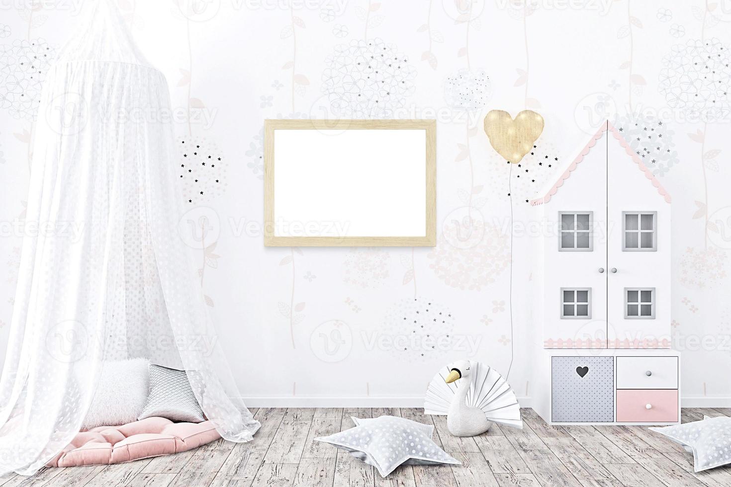 Children's playroom with tent and table sitting,doll. 3D rendering photo