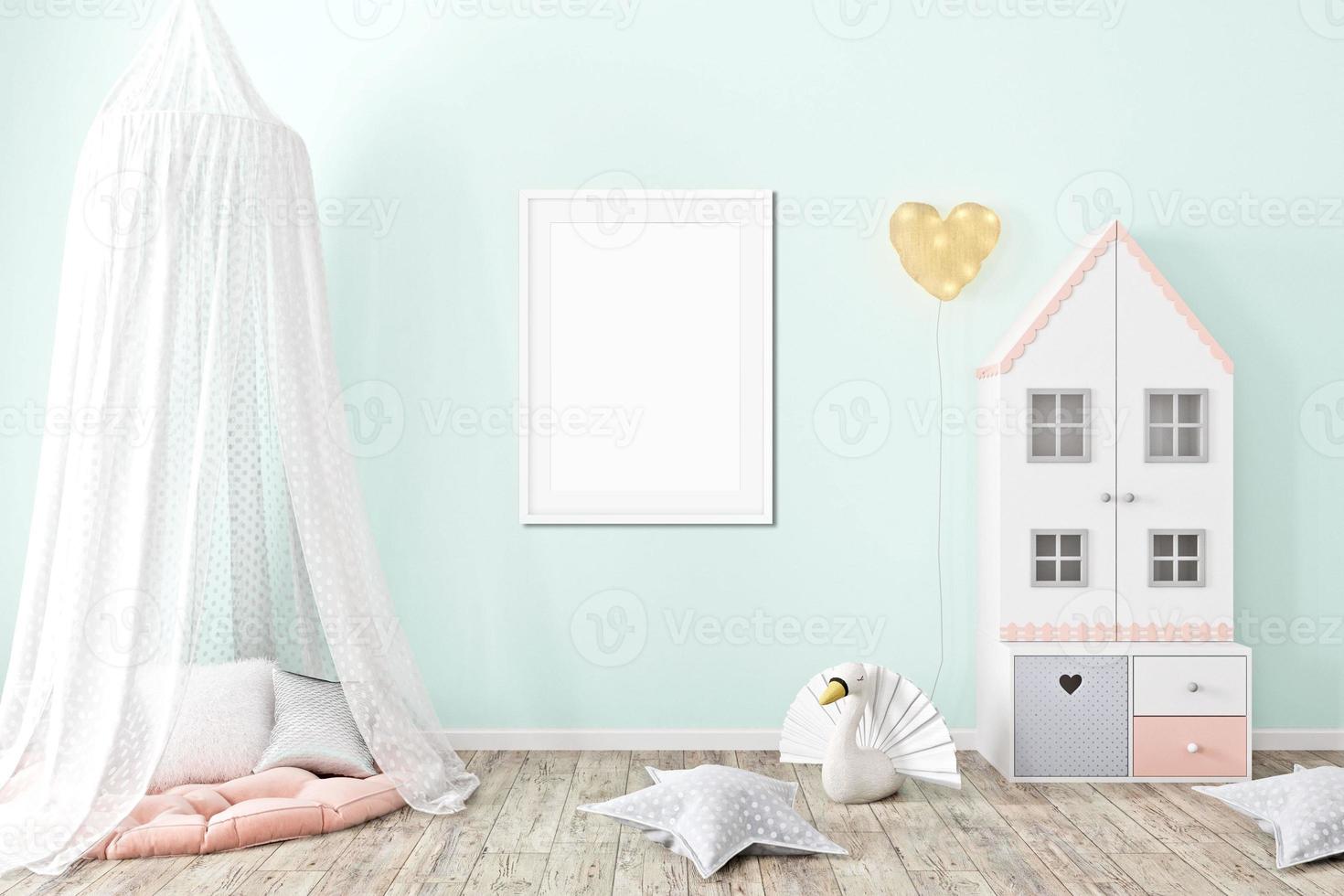 Mock up poster frame in children room,kids room,nursery mockup, wall,3d rendering photo