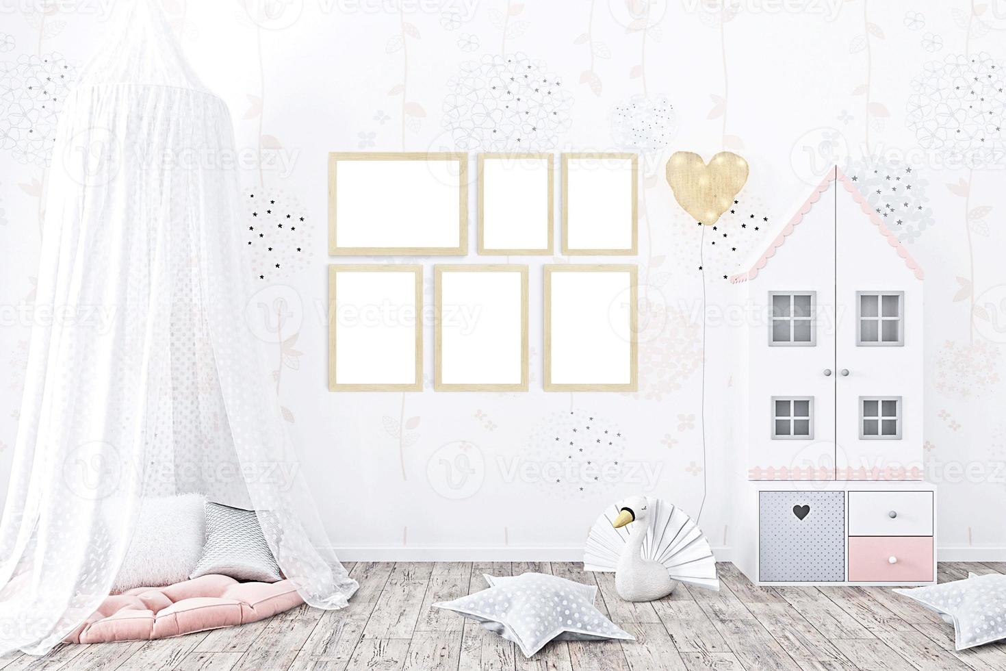 Mock up wall in the children's room in white color wall background .3d rendering photo