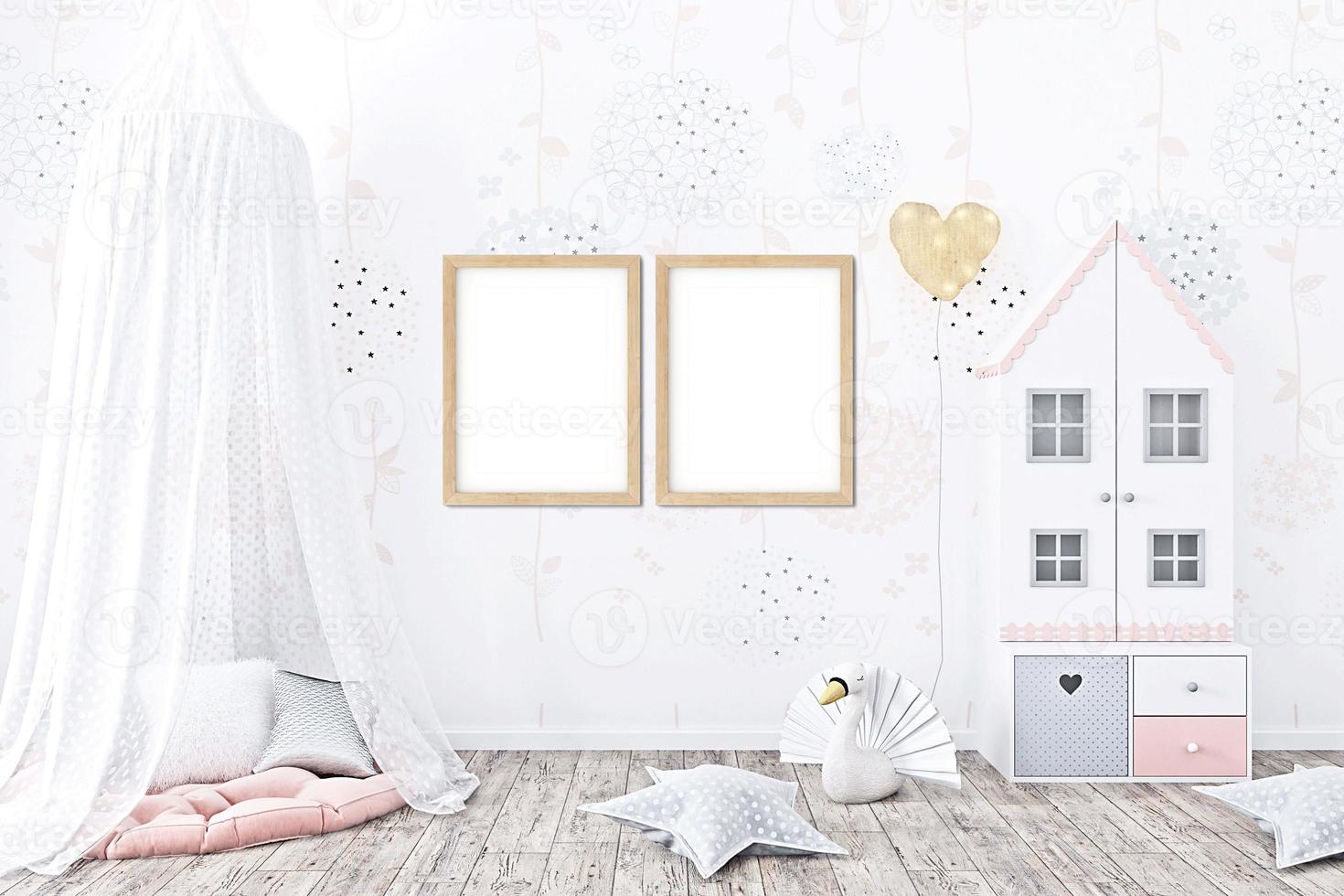 Mock up posters in child room interior, posters on empty cream color wall background,3D rendering photo