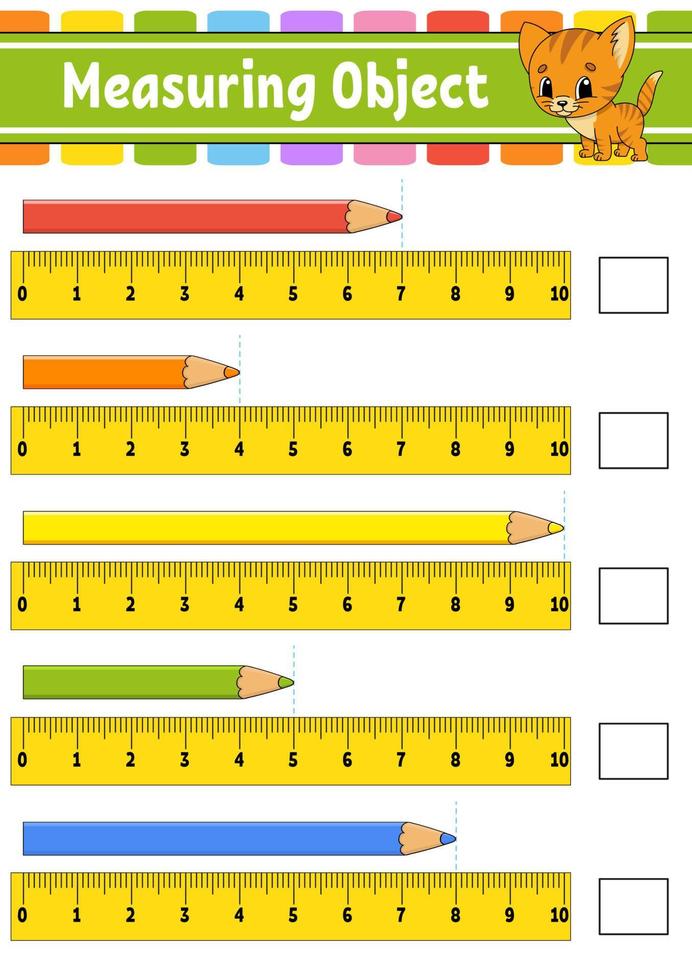 Measuring object with ruler. Education developing worksheet. Game for kids. Color activity page. Puzzle for children. Cute character. Vector illustration. cartoon style.