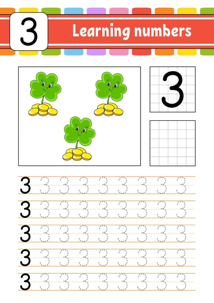 Trace and write numbers. Handwriting practice. Learning numbers for kids. Education developing worksheet. St. Patrick's day. Activity page. Isolated vector illustration in cute cartoon style.