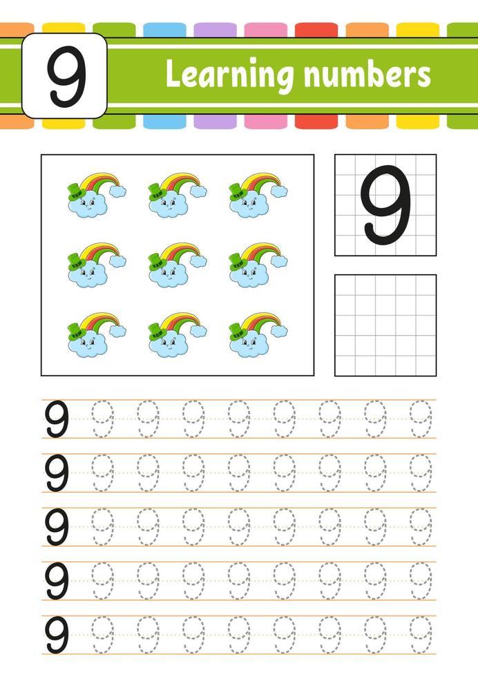 Trace and write numbers. Handwriting practice. Learning numbers for kids. Education developing worksheet. St. Patrick's day. Activity page. Isolated vector illustration in cute cartoon style.