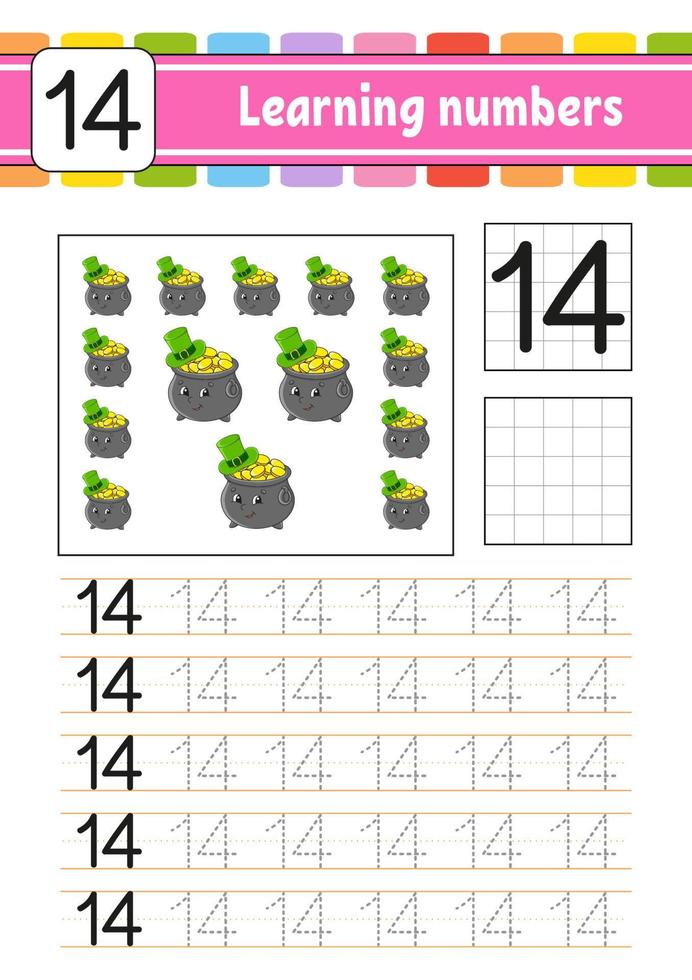 Trace and write numbers. Handwriting practice. Learning numbers for kids. Education developing worksheet. St. Patrick's day. Activity page. Isolated vector illustration in cute cartoon style.