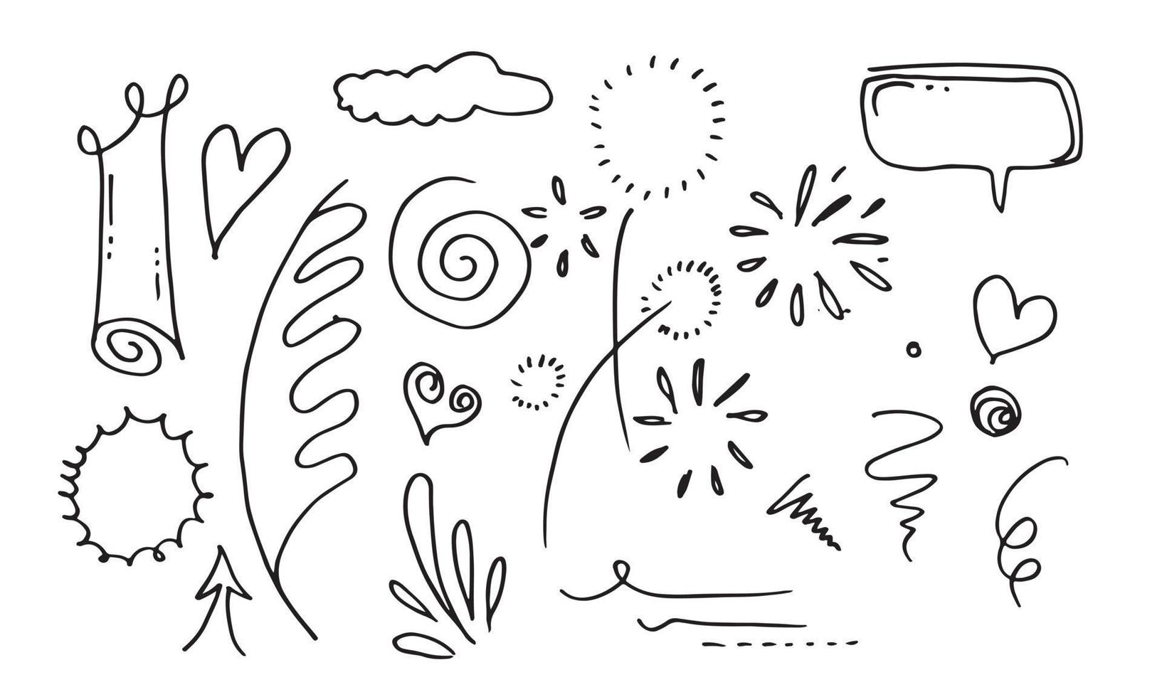 hand drawn set element,black on white background.arrow,heart,love,leaf,sun,light,cloud,speech bubble,crown,swishes,swoops,emphasis,swirl,heart,for concept design vector