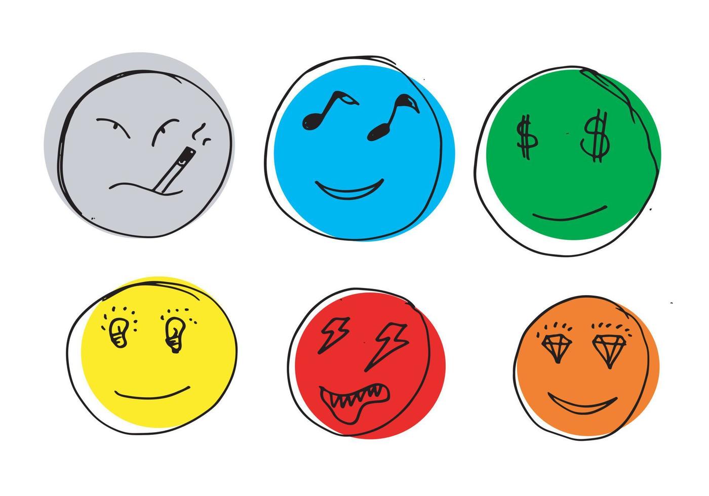 Hand drawn emoticon set, vector on white background.